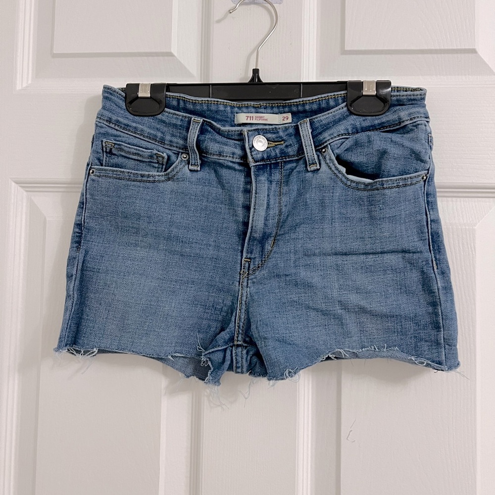 Levi’s 711 (29”) Woman’s Classic Red Tab Medium Blue Denim Cutoff Jean Shorts
